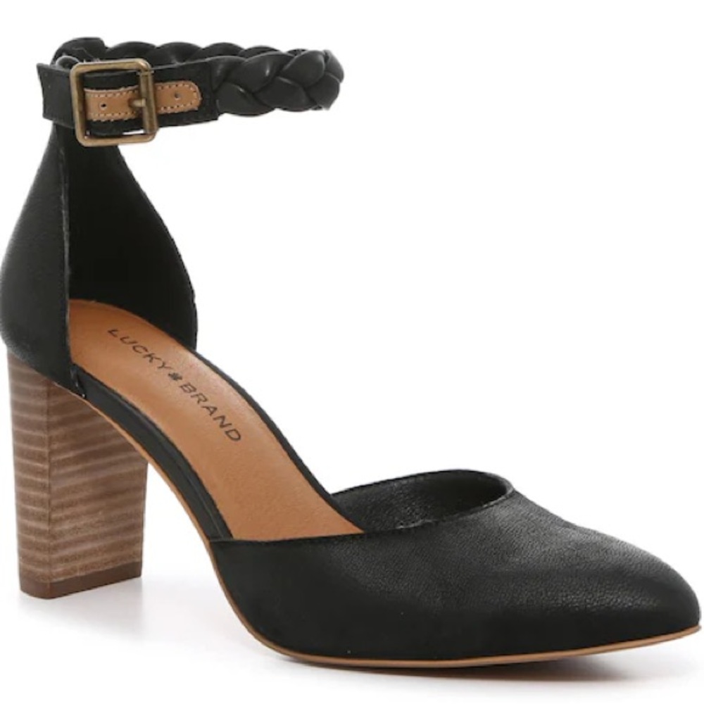 Lucky Brand Womens Kainda Black Leather Braided Ankle Strap Shoes | size 11